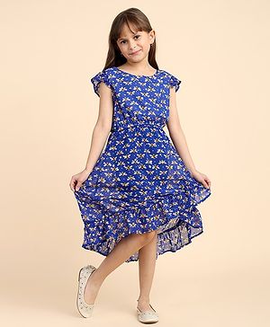 Little Marine Cap Sleeves Honey Bee Printed Asymmetric  Dress - Blue