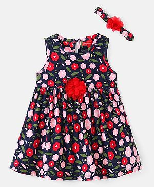 Babyhug Cotton Jersey Knit Sleeveless Floral Printed Frock with Headband  - Navy