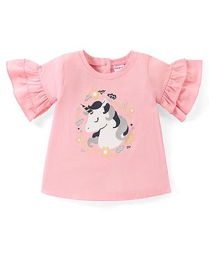 Babyhug Cotton Knit Half Sleeves Unicorn Print Top with Frill and Glitter Detailing - Pink