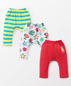 Babyhug Interlock Full Length Diaper Leggings Printed & Striped Pack of 3 - Multicolour