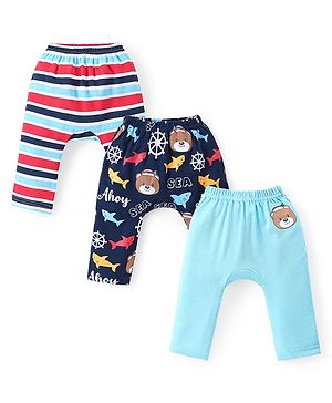 Babyhug Cotton Knit Full Length Striped Diaper Leggings Shark Print  Pack of 3 - Multicolour