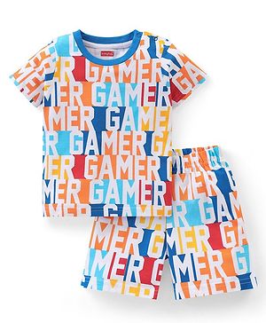 Babyhug Cotton Knit Half Sleeves Gamer Printed Night Suit - Multicolour