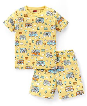 Babyhug Cotton Knit Half Sleeves Night Suit  With Animal Print - Multicolor