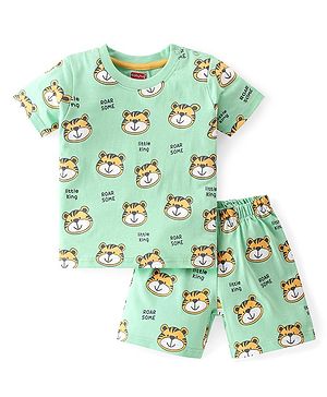 Babyhug Cotton Knit Half Sleeves Night Suit With Tiger Print - Multicolor