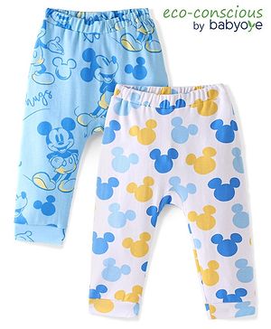 Babyoye Disney Interlock Knit Full Length Diaper Leggings With Mickey Mouse Graphics Pack Of 2 - Blue & White