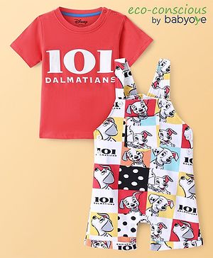 Babyoye Disney Cotton Knit Dungaree & Half Sleeves T-Shirt Set with 101 Dalmatians Print - Multicolor