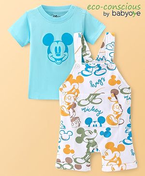 Babyoye Disney Cotton Knit Mickey Mouse Printed Dungaree with Half Sleeves Inner T-Shirt - Blue & White