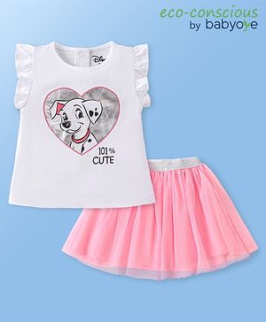 Babyoye Disney Cotton Knit Frill Sleeves Top & Pleated mesh Skirt Set With 101 Dalmatians Graphics - Multicolor