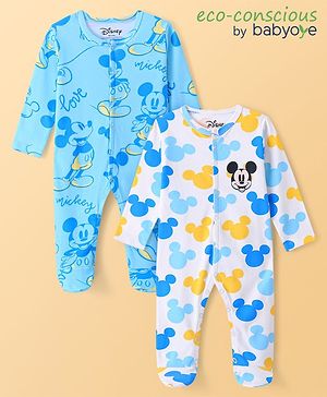 Babyoye Disney Full Sleeves Footed Sleep Suit Wwith Mickey Mouse All Over Print Pack Of 2 - White & Blue