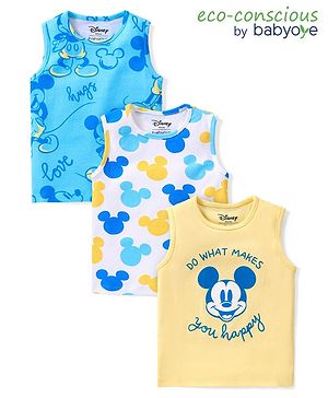 Babyoye Disney Cotton Knit Sleeveless Mickey Mouse Printed Sandos Pack of 3 - Multicolour