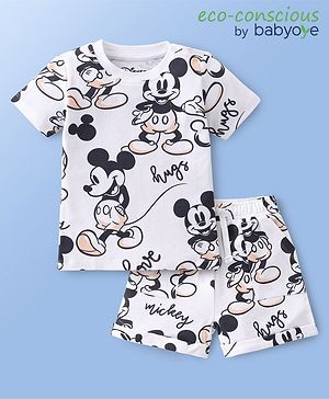 Babyoye Disney Interlock Knit Half Sleeve T-Shirt and Mid Length Shorts with Mickey Mouse Print- White