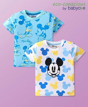 Babyoye Disney Cotton Half Sleeves T-Shirt With Mickey Mouse Graphics Pack of 2 - Light Blue & White