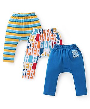 Babyhug Cotton Knit Full Length Striped Diaper Leggings Text Print Pack of 3 - Multicolour