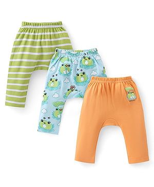 Babyhug Cotton Knit Full Length Striped Diaper Leggings Frog Print Pack of 3 - Multicolour