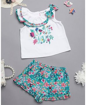 One Friday Sleeveless Tropical Floral Printed  Top And Shorts Set  - Multicolor