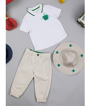 One Friday Cotton Half Sleeves Turtle  Embroidered T-Shirt With Trouser And Hat - Beige