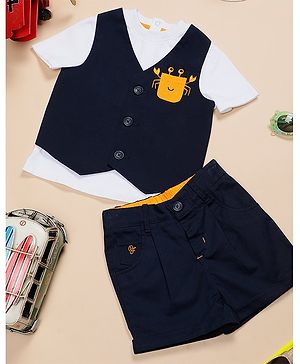 One Friday Cotton Half Sleeves Solid  Shirt With Attached Waistcoat And Shorts - Navy Blue