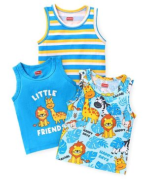 Babyhug 100% Cotton Knit Sleeveless Sando Stripes & Jungle Safari Theme Pack of 3 - Blue Yellow & White