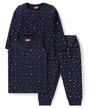Babyhug Full Sleeves Vest Pullover & Bottom Thermal Wear Combo Star Print Pack Of 3 - Navy Blue