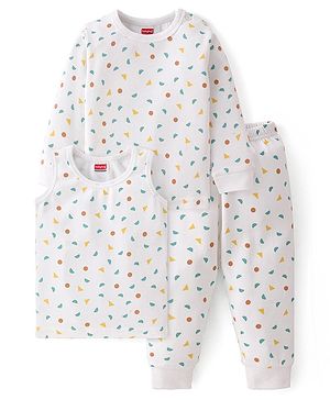 Babyhug Full Sleeves All Over Printed Thermal Vests & Pant Set of 3 - Off White