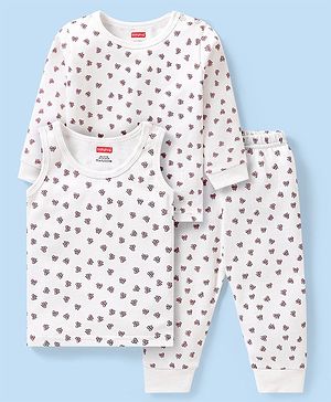 Babyhug Full Sleeves Vest Pullover & Bottom Thermal Wear Combo Bow Print Pack Of 3 - Off White