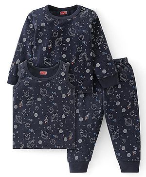 Babyhug Full Sleeves Solid Thermal Vests & Pant Set Space Print - Dark Grey