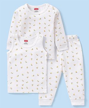Babyhug Full Sleeves Vest Pullover & Bottom Thermal Wear Combo Floral Print Pack Of 3 - Off White