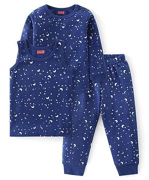 Babyhug Full Sleeve & Sleeveless Thermal Vests & Pant Set With Space Theme Print - Blue