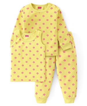 Babyhug Full Sleeve & Sleeveless Thermal Vests & Pant Set With Floral Print - Green