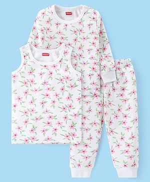 Babyhug Full Sleeves Vest Pullover & Pant Thermal Wear Combo Floral Print - Off White