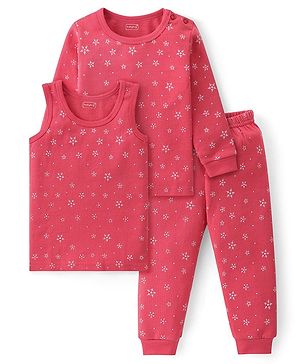 Babyhug Cotton Full Sleeves & Sleeveless Thermal Vests & Pant Set with Snow Print - Pink