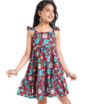 Pine Kids Cotton Woven Sleeveless Ethnic Dress with Belt Floral Print - Red