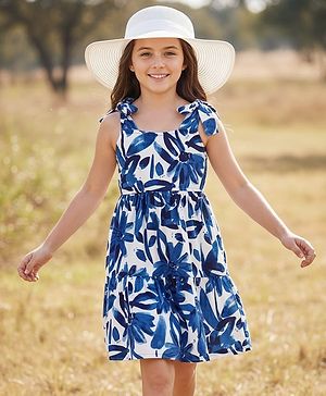 Pine Kids Cotton Woven Sleeveless Frock Floral Print - White & Blue