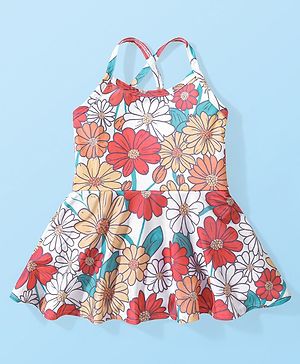 Babyhug Sleeveless Frock Style Swimsuit With Floral Print- Multicolor