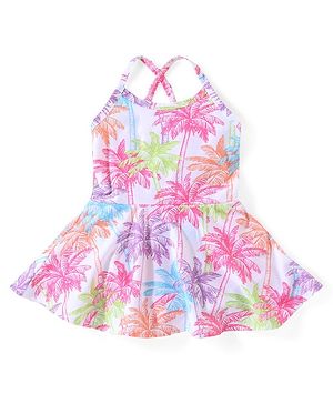 Babyhug Sleeveless Frock Style Swimsuit With Palm Tree Print- Multicolor