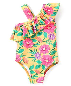 Babyhug One Shoulder Sleeveless with  Frill  Detailing V Cut Swimsuit Floral Print -  Yellow