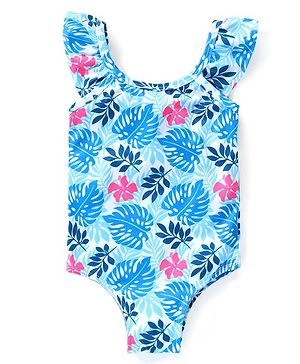 Babyhug Sleeveless with Frill Detailing V Cut Swimsuit Leaf Print - Blue