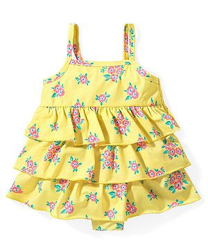 Babyhug Sleeveless Frock Style Swimsuit With Floral Print & Frill Detailing- Yellow