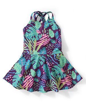 Babyhug Sleeveless  Racer Back Frock Style Swimsuit Leaves Print  - Purple