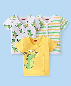 Babyhug 100% Cotton Knit Half Sleeves Front Open Vest Stripes & Croc Print Pack Of 3 - White Yellow & Green