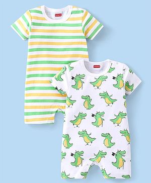 Babyhug 100% Cotton Half Sleeves Rompers Crocodile Print Pack of 2 - Multicolour