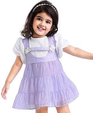 Babyhug Half Sleeves Fit & Flared  Party Frock with Floral Corsage - Lavender & White