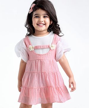 Babyhug Half Sleeves Fit & Flared Party Frock with Floral Corsage - Pink & White