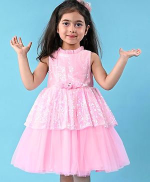 Babyhug Sleeveless Fit & Flared  Party Frock with Sequin Detailing & Floral Applique - Pink