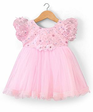 Babyhug Woven Half Embellished Sleeves Fit and Flare Party Frock with Sequined Yoke and 3D Applique - Pink