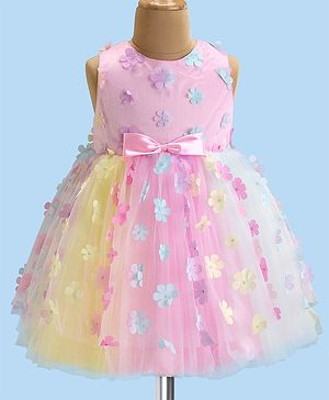 Babyhug Woven Sleeveless Fit and Flare Party Frock with 3D Floral Applique - Multicolor