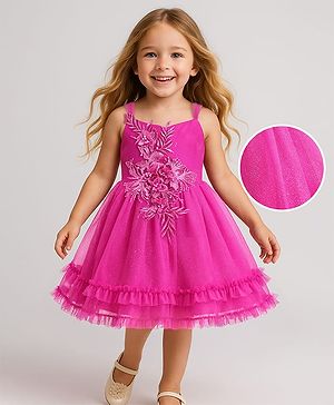 Babyhug Sleeveless  Fit & Flared Shimmered Party Frock with Floral Corsage & Frill Hem Detailing  - Pink