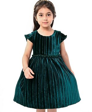 Babyhug Woven Cap Sleeves Fit and Flare Pleated Velvet Party Frock- Dark Green