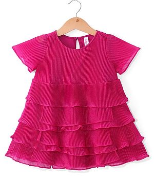 Babyhug Woven Half Sleeves A Line Tiered Party Frock With Frill Detailing - Pink