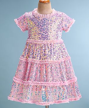 Babyhug Half Sleeves Sequined A-Line Party Frock with Frill Detailing - Pink